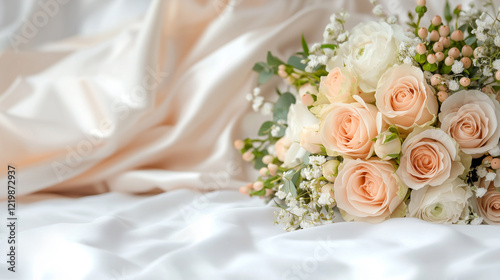 Elegant bouquet of peach and white roses on soft satin, perfect for weddings and romantic celebrations.