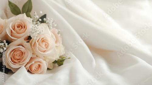 Elegant beautiful bouquet of peach and white roses on soft satin, perfect for weddings and romantic celebrations