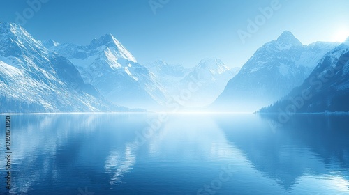 Serene winter lake reflecting snowy mountains.