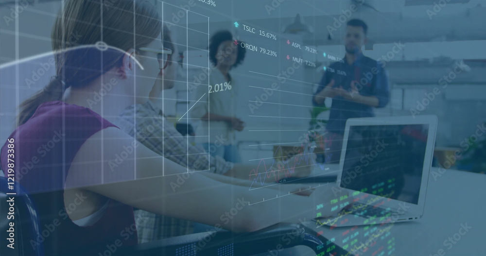 Fototapeta premium Financial data and stock market image over business meeting in modern office