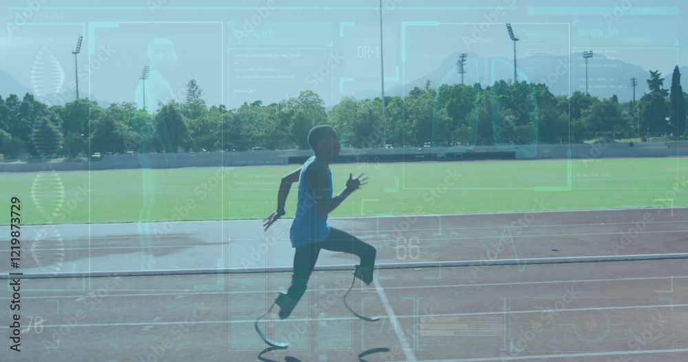 Fototapeta premium Running athlete on track with performance metrics image overlaid