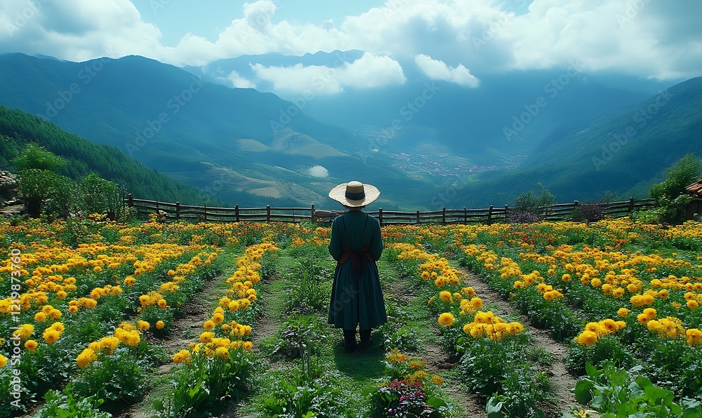 Fototapeta premium Woman in Flower Field Mountain View Landscape Photography