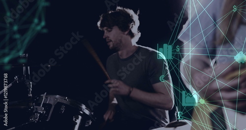Playing musical instruments, musicians with financial data image over them