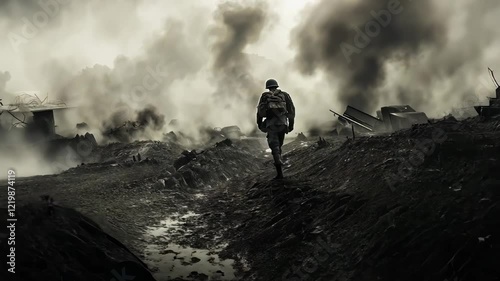 Soldier walking through smoky trenches during world war 2