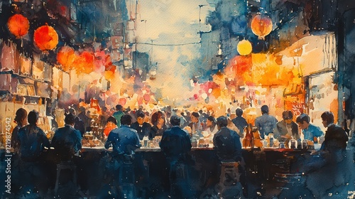 Expressive watercolor painting capturing a bustling flea market