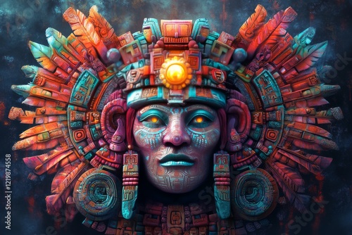 Vibrant Mayan-inspired deity, ornate headdress