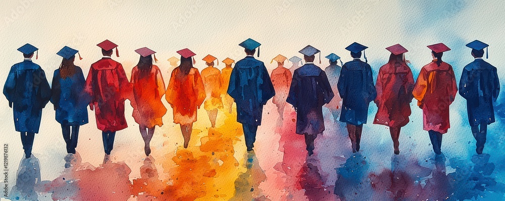 Naklejka premium Expressive watercolor scene a high school graduation ceremony with students in caps and gowns