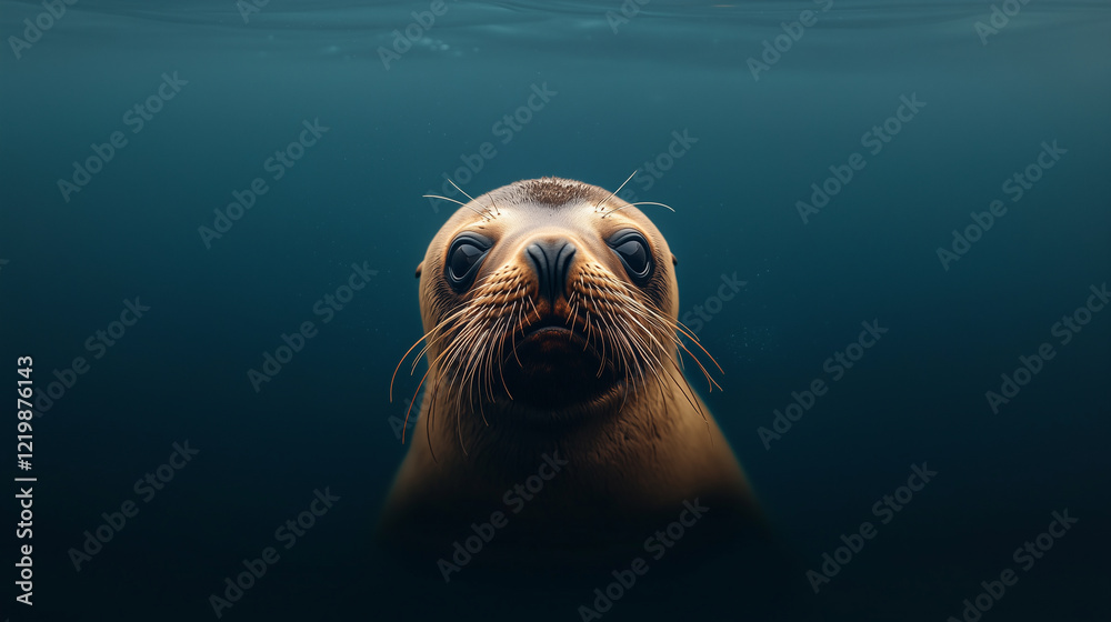 Fototapeta premium curious seal swimming underwater, showcasing its whiskers and expressive eyes.