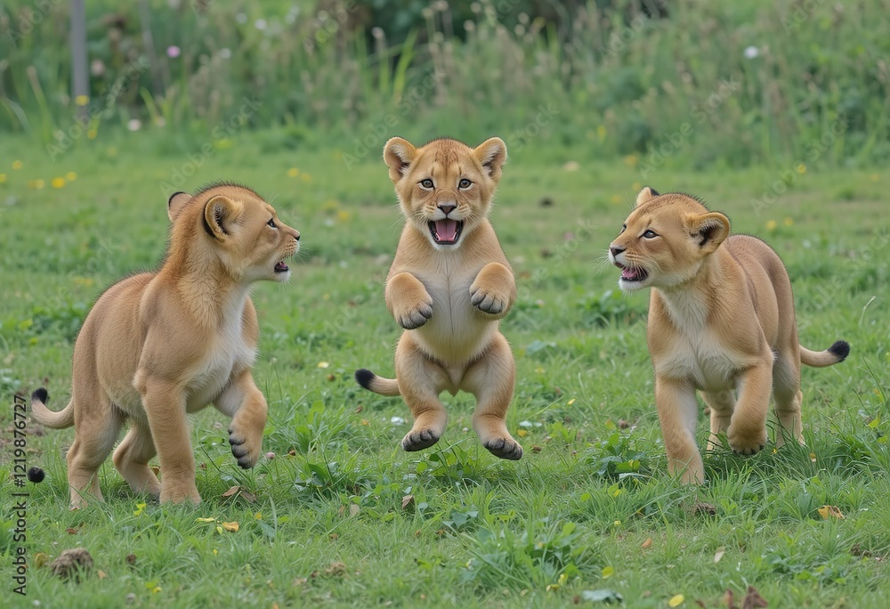 Three young lion cubs playfully interact and leap in a verdant outdoor setting. Three young lion cubs playfully interact and leap in a verdant outdoor setting.