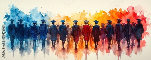 Expressive watercolor scene a high school graduation ceremony with students in caps and gowns