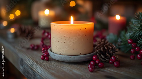 A minimalist Christmas scene illuminated by soft candlelight featuring a single lit candle on a simple wooden surface with subtle green and red accents Warm tones domin photo