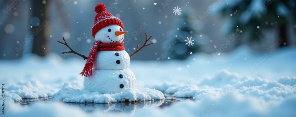 Fototapeta premium Melted snowman leaves behind a small puddle of water and a few scattered snowflakes, snowy, snowman, festive background