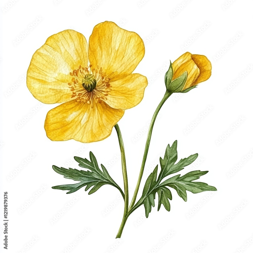 Naklejka premium Watercolor Buttercup flower on white background,floral concept, perfect for Valentine's Day,Mother's Day,Easter,Wedding Day,Anniversaries