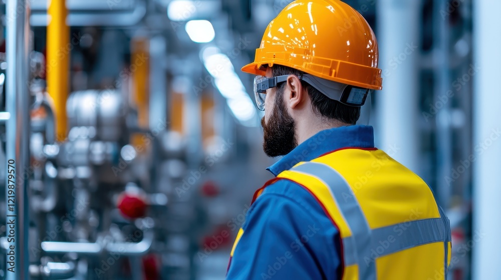 Worker with Safety Gear Observing Industrial Machinery in Factory Worker with Safety Gear Observing Industrial Machinery in Factory