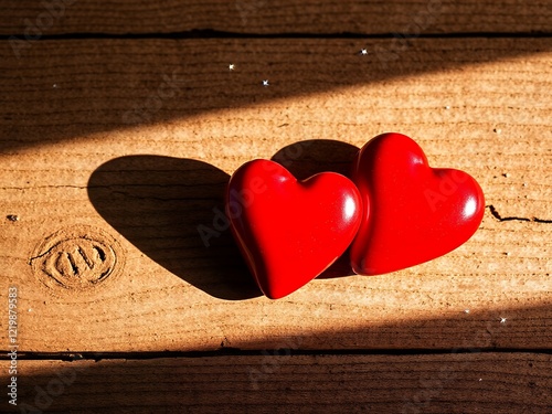 an image of two red hearts sitting on a wooden surface. photo