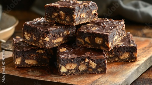 Chocolate brownies with a crackly top, cut into squares and stacked on a wooden board photo