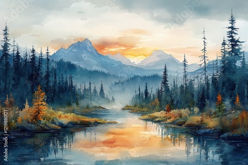 Peaceful watercolor landscape showing a winding river through a forest