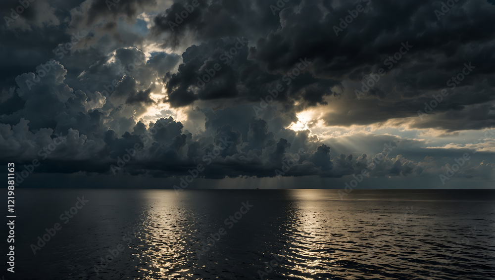 Golden Rays Piercing Stormy Clouds Over a Tranquil Ocean at Sunset Golden Rays Piercing Stormy Clouds Over a Tranquil Ocean at Sunset
