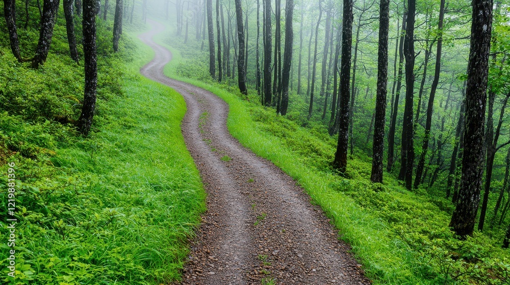 Naklejka premium Serene Winding Path Through Lush Green Forest in Misty Atmosphere