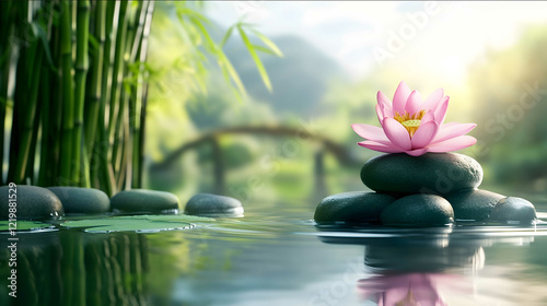 Bamboo and Zen stones background with copy space for a spa wellness or healthy lifestyle concept Soft focus on bamboo plants and stacked green rocks small bamboo bridg