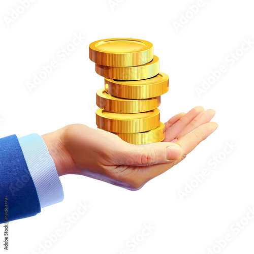 Hand in 3D cartoon style holding a stack of gold coins illustration