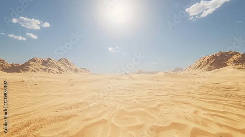 Sun over vast desert landscape with sand dunes and mountains.