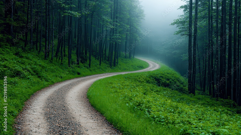 Fototapeta premium Serene Curved Pathway Through Lush Green Forest in Misty Morning Light