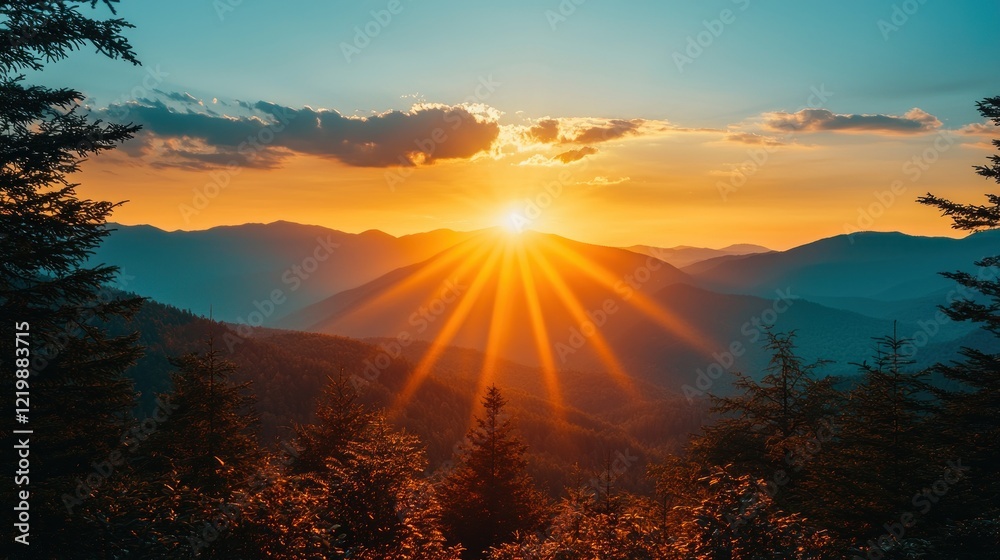 Naklejka premium Sun rises over layered mountains.