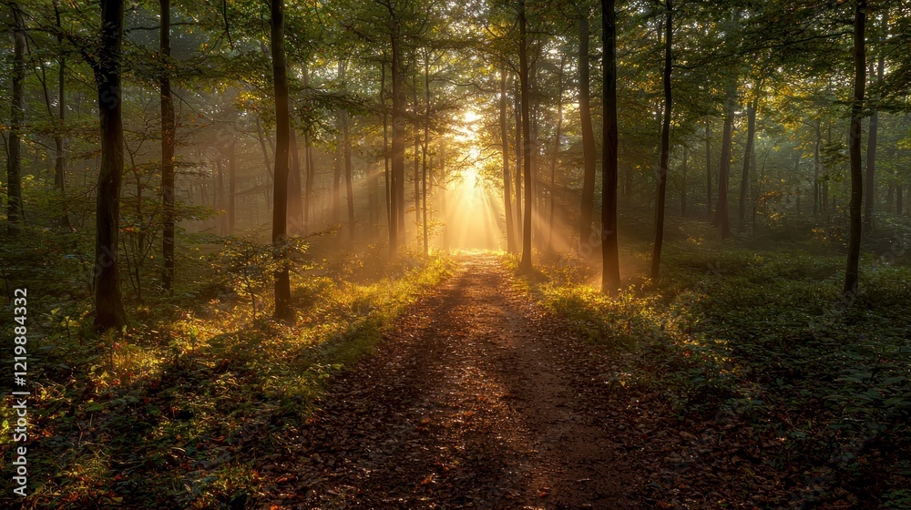 Sunbeams illuminate a misty forest path. Sunbeams illuminate a misty forest path.