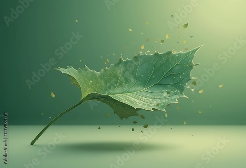 A single green leaf disintegrates into fragments photo