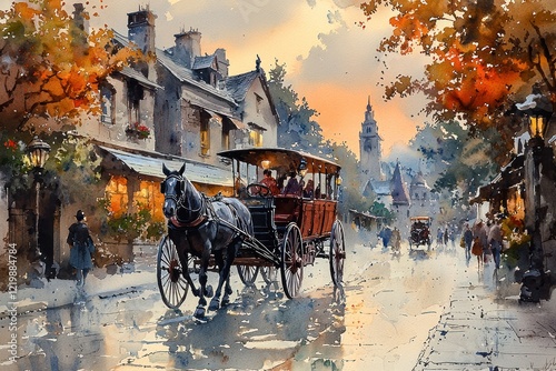 Soft watercolor scene a horse-drawn carriage in a historic town center