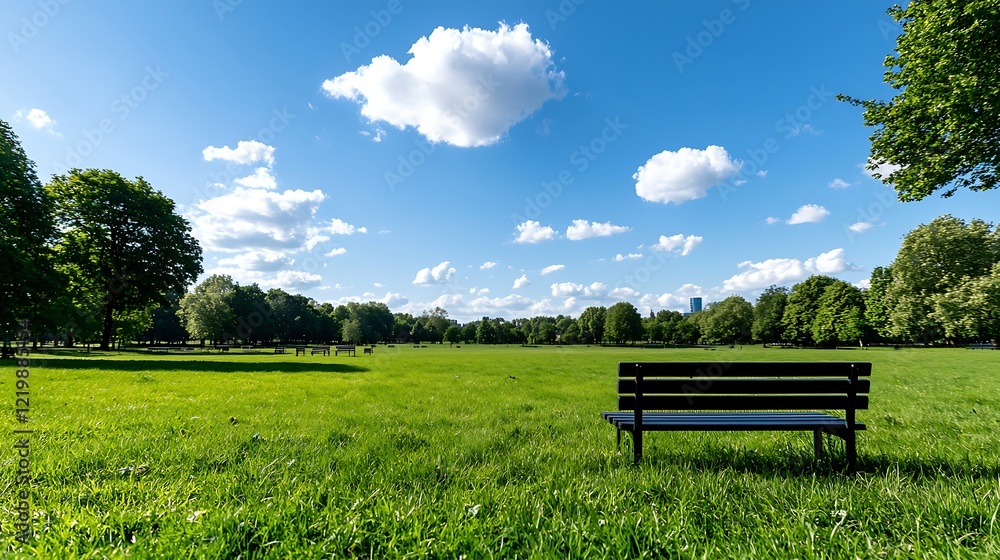 Serene Park Scene with Bench and Lush Green Grass Under a Sunny Sky Serene Park Scene with Bench and Lush Green Grass Under a Sunny Sky