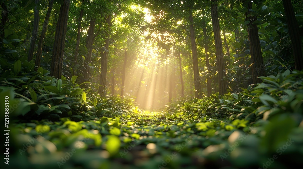 Obraz premium Sunlight through trees on forest floor.