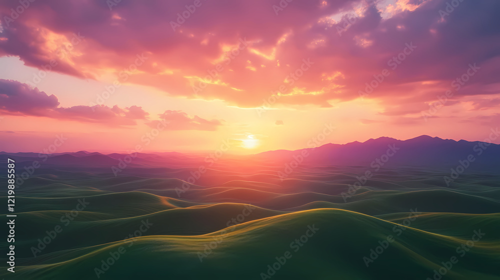 Obraz premium Stunning vibrant sunset over rolling green hills expansive farmland capturing beauty, aerial, ambiance, aesthetic, backlit, blazing, clouds, color. Blazing Meadow. Illustration