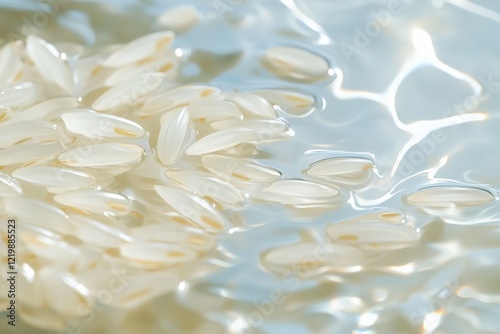 Rice grains in water. Featuring white rice soaking in water. Highlighting the preparation process. Ideal for culinary and kitchen visuals. photo