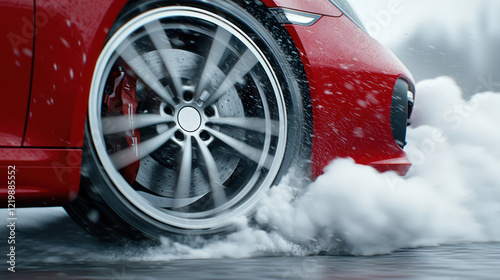 A close-up of a car tire spinning in snow, creating a spray of white powder.