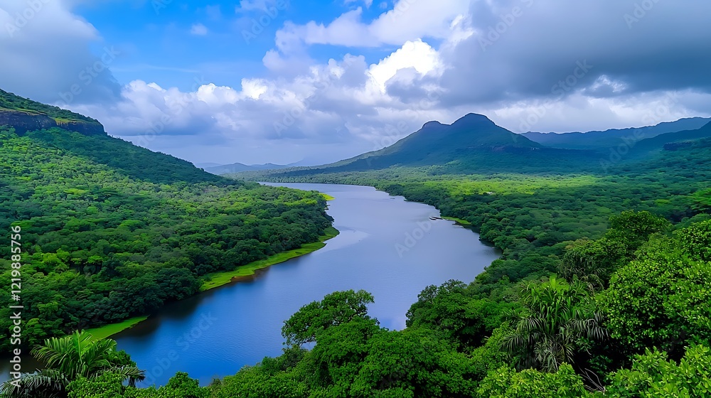 Serene River Landscape in Lush Tropical Setting Serene River Landscape in Lush Tropical Setting