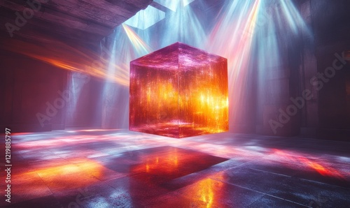 Illuminated cube, vibrant colors, dark stone chamber. photo