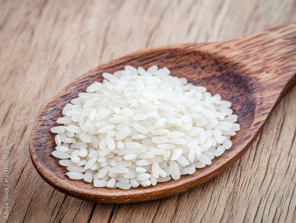 Rice grains on a wooden spoon. Featuring uncooked white rice grains. Highlighting the simplicity and versatility. Ideal for culinary and food visuals. Rice grains on a wooden spoon. Featuring uncooked white rice grains. Highlighting the simplicity and versatility. Ideal for culinary and food visuals.