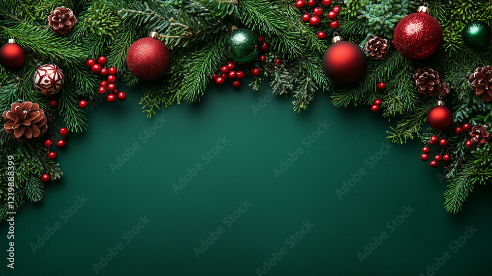 A Christmas-themed background with evergreen branches, ornaments, and berries.