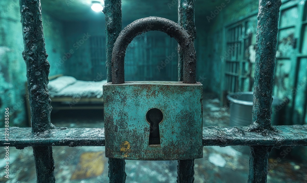 Rusty padlock secures teal prison cell.