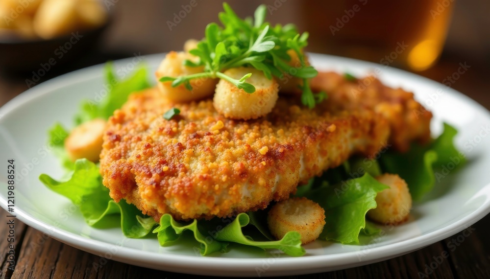 Crispy fried chicken chop with wilted mixed greens and croutons, crunchy, sandwich, salad Crispy fried chicken chop with wilted mixed greens and croutons, crunchy, sandwich, salad