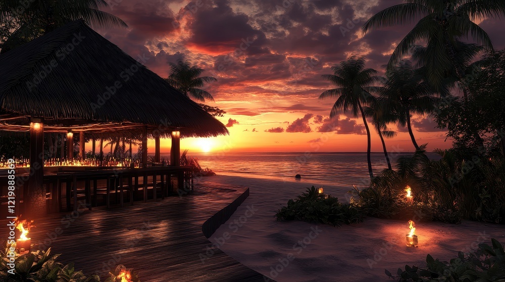 Tropical beach bar at sunset with tiki torches and ocean views.