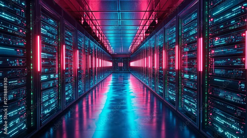 Vibrant server room illuminated with neon lights creating dynamic ambiance and showcasing advanced technology Vibrant server room illuminated with neon lights creating dynamic ambiance and showcasing advanced technology