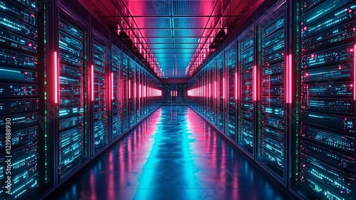 Vibrant server room illuminated with neon lights creating dynamic ambiance and showcasing advanced technology