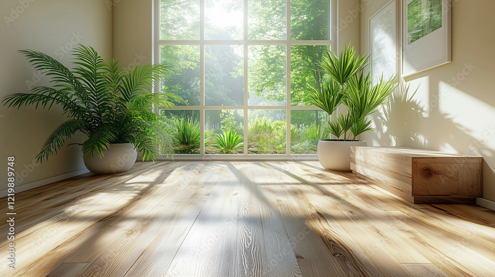 Fototapeta premium An interior shot of an empty, bright room with large windows and hardwood floors. A small plant adds a subtle touch of life to the minimalist setting.