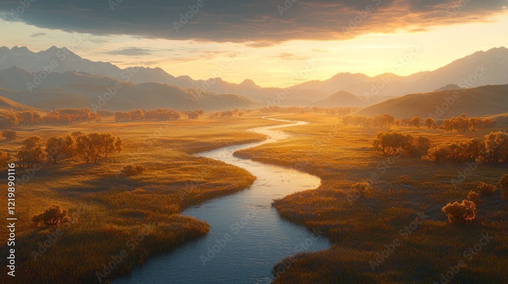 Obraz premium Sunset over valley with winding river.