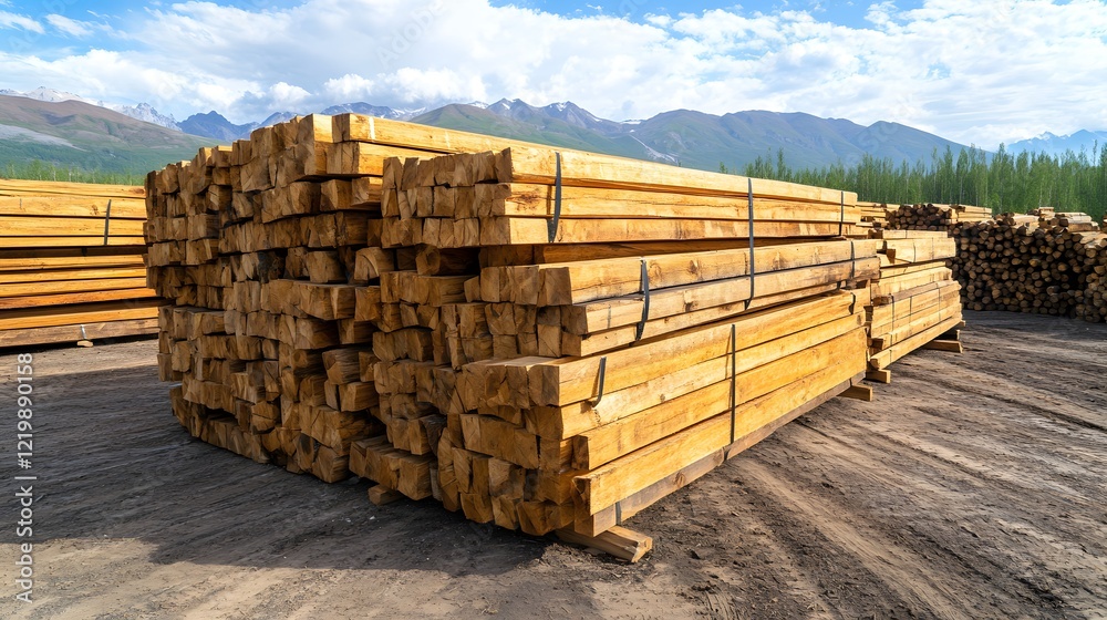 Stacks of Wooden Beams in Mountainous Outdoor Lumber Yard Setting Stacks of Wooden Beams in Mountainous Outdoor Lumber Yard Setting