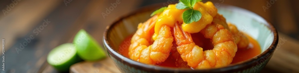 Crispy fried shrimp served in a shallow bowl with a zesty orange-mango sauce on top, condiment, mango Crispy fried shrimp served in a shallow bowl with a zesty orange-mango sauce on top, condiment, mango