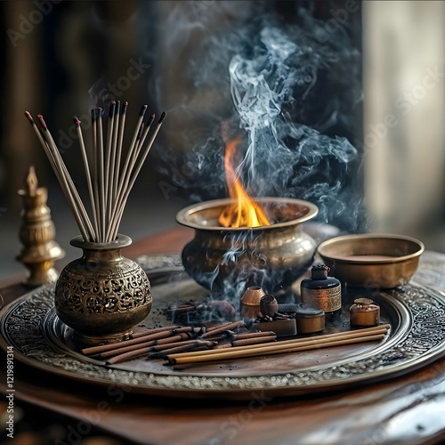 Aromatic items like hawan incense sticks bakhoor dhumna burning together